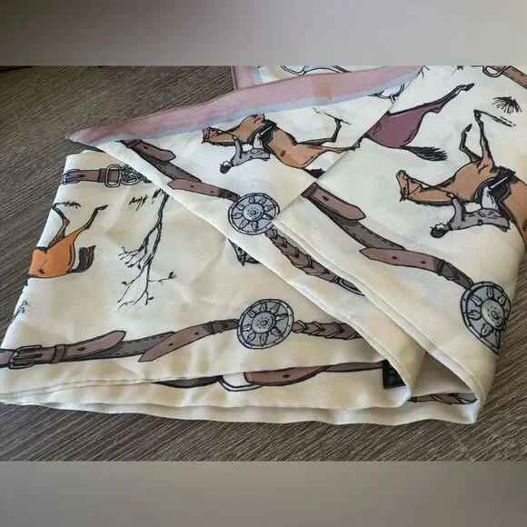 Elegant Equestrian Print Scarf in Cream and Brown - Picture 3 of 3
